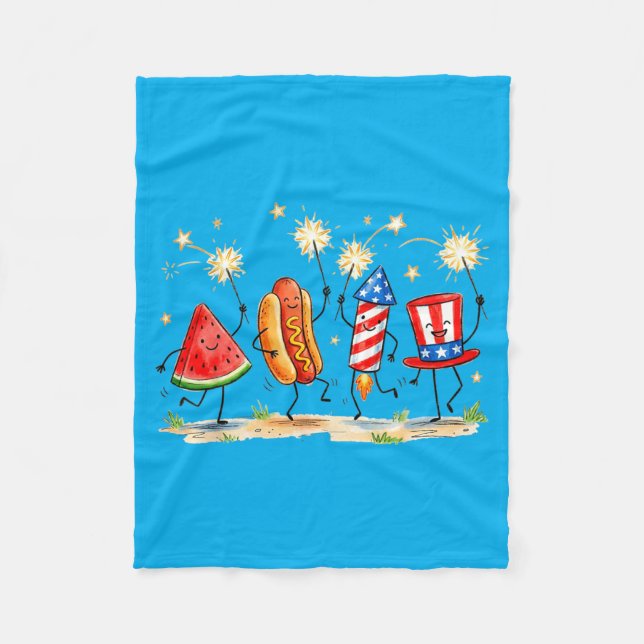 Patriotic Watermelon Hotdog Firework Cute Meme 4th Fleece Blanket (Front)