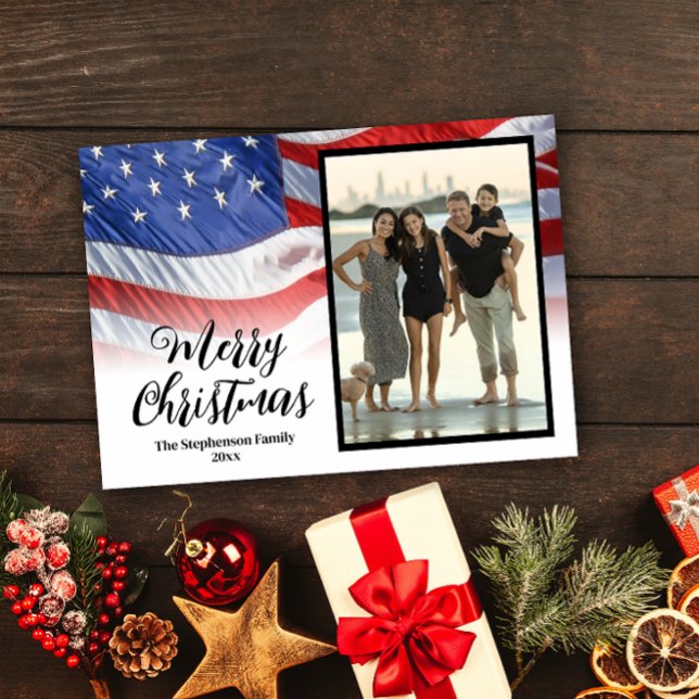 Patriotic Waving American Flag Christmas Photo Holiday Card (patriotic american flag merry christmas photo card)