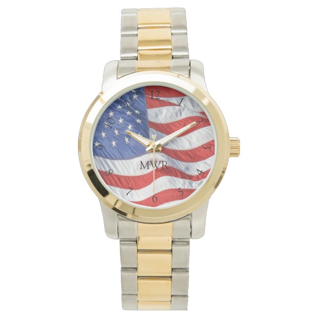 Patriotic Waving American Flag Monogrammed Gift Watch (Front)