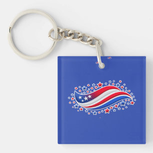 Patriotic Wavy American Flag with Stars   Red Whit Key Ring