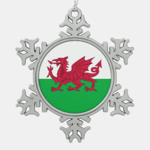 Patriotic Welsh Flag Christmas Snowflake Pewter Christmas Ornament