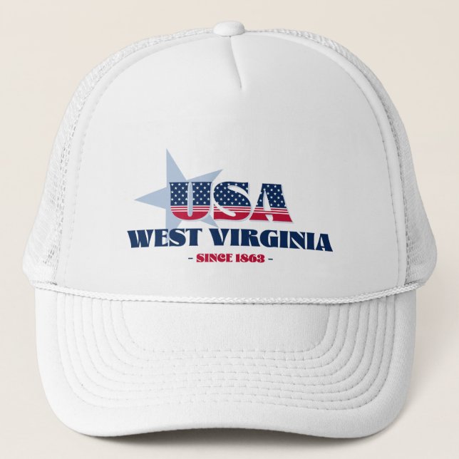 Patriotic West Virginia Typography Trucker Hat (Front)