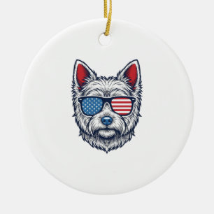 Patriotic Westie Dog Sunglasses Vintage Vector Art Ceramic Tree Decoration