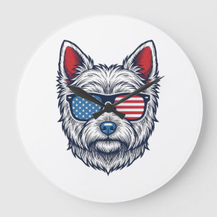 Patriotic Westie Dog Sunglasses Vintage Vector Art Large Clock