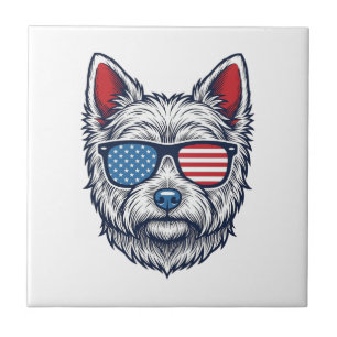 Patriotic Westie Dog Sunglasses Vintage Vector Art Tile