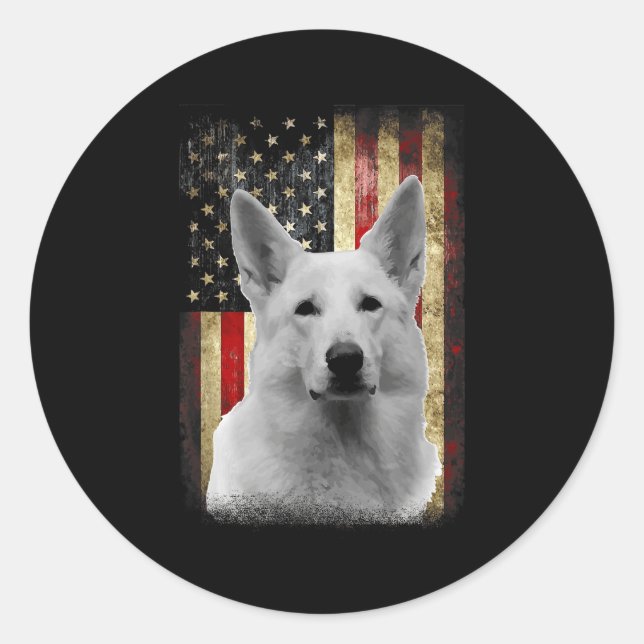 Patriotic White German Shepherd Flag American Usa  Classic Round Sticker (Front)