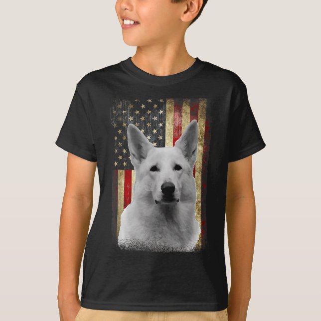Patriotic White German Shepherd Flag American Usa  T-Shirt (Front)