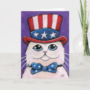 Patriotic White Persian Cat Happy 4th of July Card