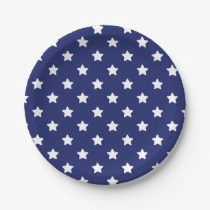 Patriotic White Stars on Navy Blue Paper Plate