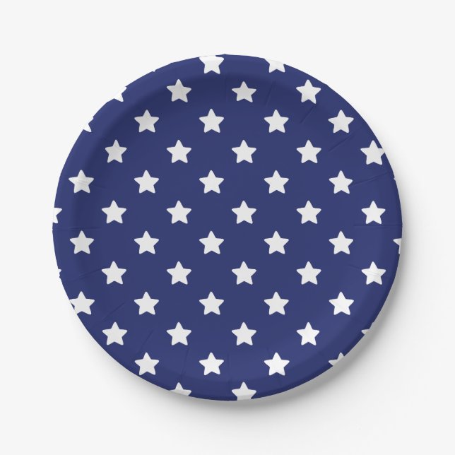 Patriotic White Stars on Navy Blue Paper Plate (Front)
