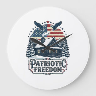 Patriotic Winter Cabin Vector Graphic Tee Large Clock