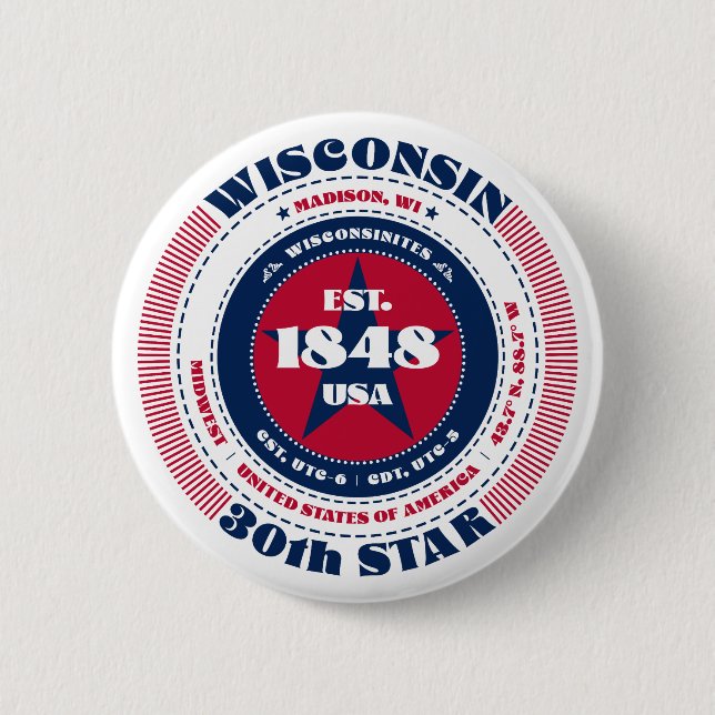 Patriotic Wisconsin Circle with State Details 6 Cm Round Badge (Front)