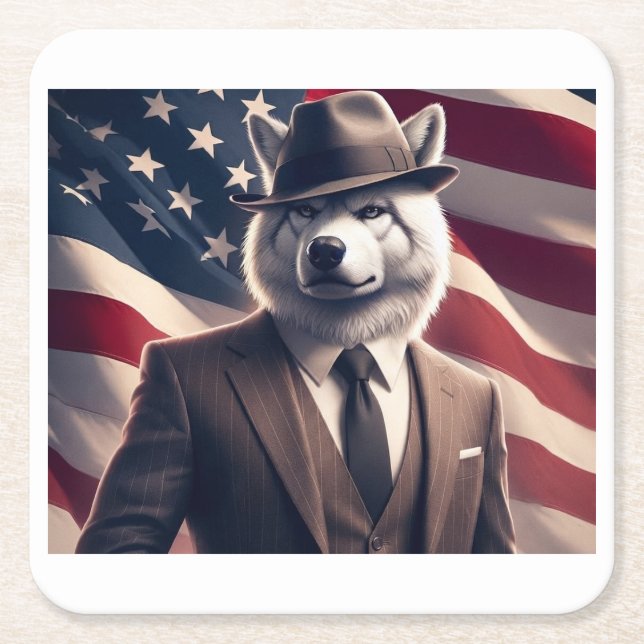 Patriotic Wolf   Square Paper Coaster (Front)
