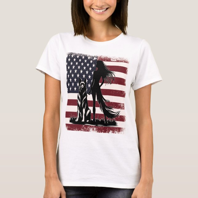 Patriotic Woman & German Shepherd United Spirit  T-Shirt (Front)