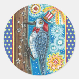 PATRIOTIC WOODPECKER FIREWORKS, 4TH OF JULY BIRD CLASSIC ROUND STICKER