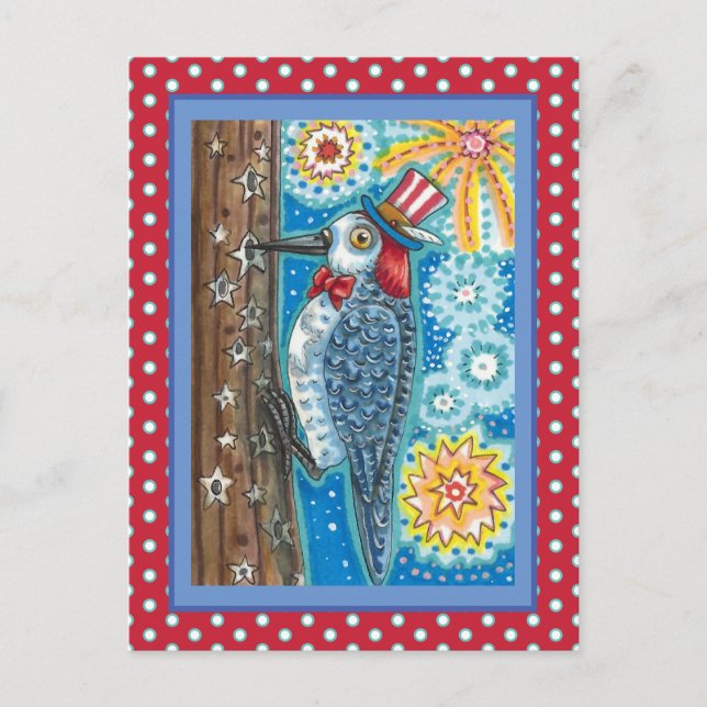 PATRIOTIC WOODPECKER FIREWORKS, 4TH OF JULY BIRD HOLIDAY POSTCARD (Front)