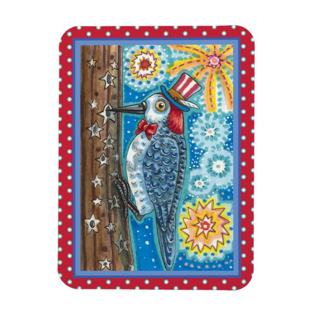 PATRIOTIC WOODPECKER FIREWORKS, 4TH OF JULY BIRD MAGNET (Vertical)