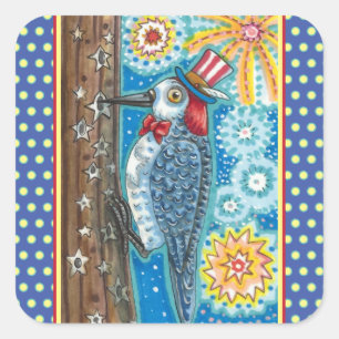 PATRIOTIC WOODPECKER FIREWORKS, 4TH OF JULY BIRD SQUARE STICKER