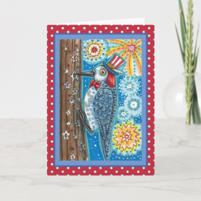 PATRIOTIC WOODPECKER FIREWORKS, 4TH OF JULY Verse Holiday Card (Front)