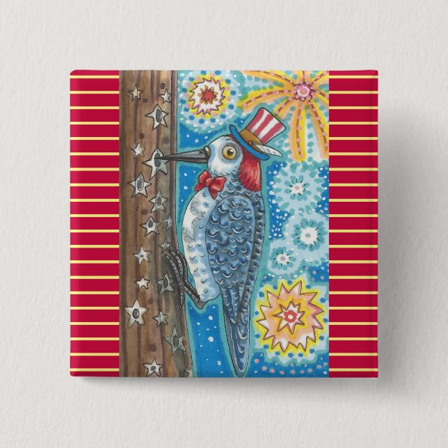 PATRIOTIC WOODPECKER & FIREWORKS BUTTON Square (Front)