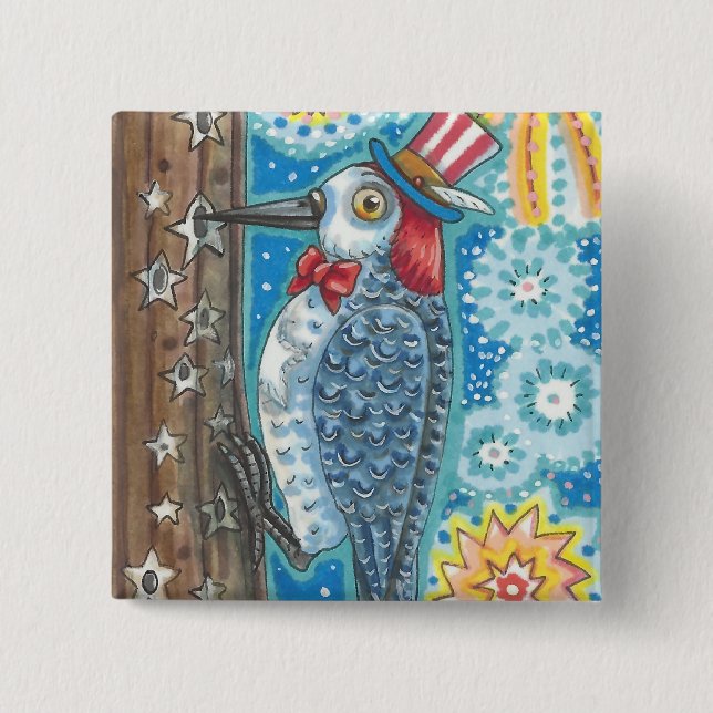 PATRIOTIC WOODPECKER & FIREWORKS BUTTON Square (Front)