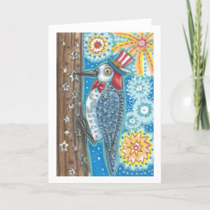 PATRIOTIC WOODPECKER FIREWORKS GREETING CARD Blnk