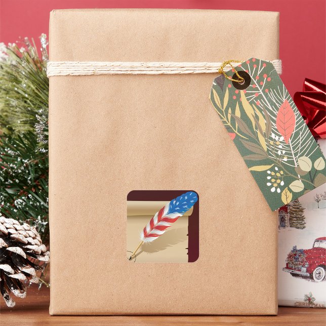 Patriotic Writing Feather on Antique Paper Square Sticker (Creator Uploaded)