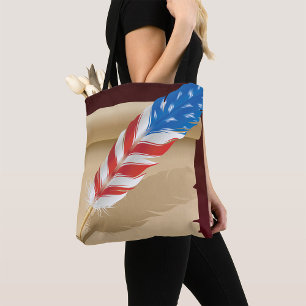 Patriotic Writing Feather on Antique Paper Tote Bag