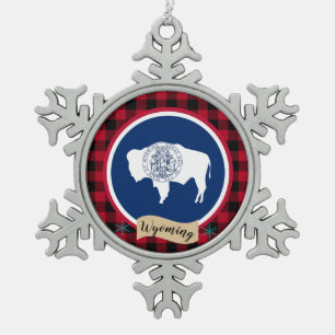 Patriotic Wyoming, buffalo plaid, Wyoming Flag Snowflake Pewter Christmas Ornament