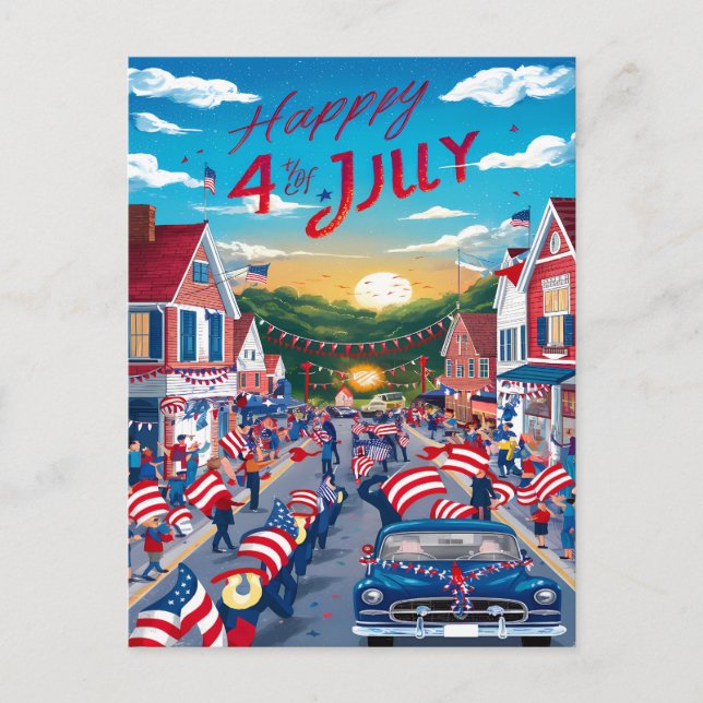 Patriotism in Motion: American Flags Adorning Stre Holiday Postcard (Front)