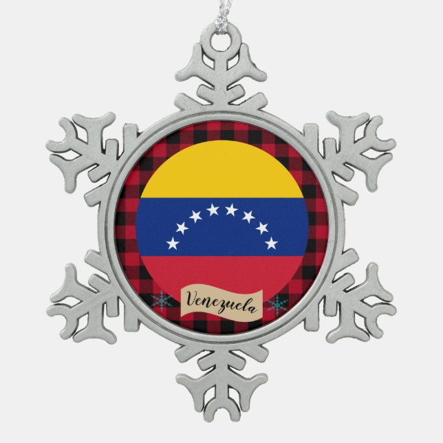 Patriots Venezuela, buffalo plaid, Venezuelan Flag Snowflake Pewter Christmas Ornament (Front)