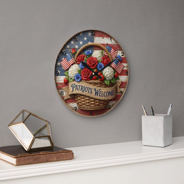 Patriots Welcome Americana Floral Large Clock (Office)