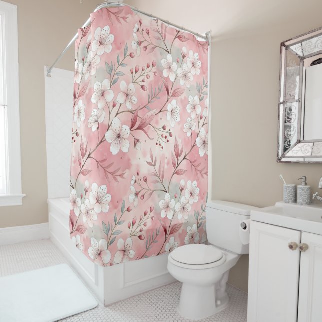 Patrón de flor sakura rosado shower curtain (In Situ)
