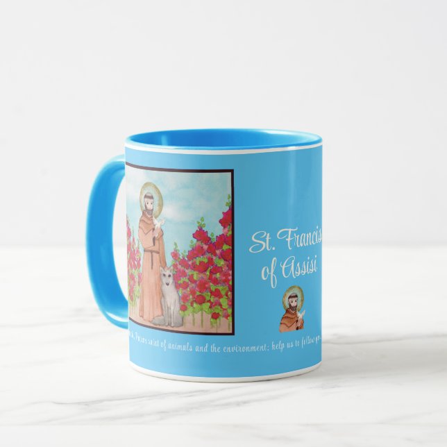 Patron St. Francis of Assisi Watercolor Gift Blue Mug (Front Left)