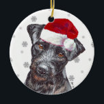Patterdale Terrier - Santa Hat Christmas Bauble D Ceramic Tree Decoration<br><div class="desc">Round ceramic hanging decorations featuring your favourite breed! A gorgeous black rough-coated Patterdale Terrier sporting a lovely festive and fluffy Santa Hat in a festive scene, perfect for hanging on the Christmas tree! At Amber Marie Studio, no breed is left behind. If you don't see your breed featured in my...</div>