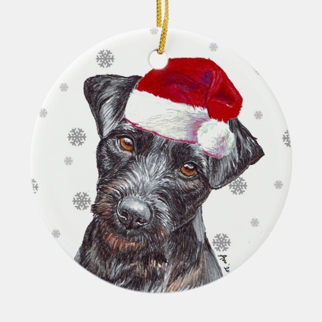 Patterdale Terrier - Santa Hat Christmas Bauble D Ceramic Tree Decoration (Front)