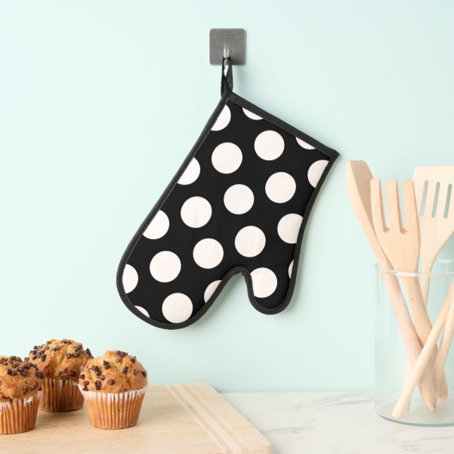 Pattern Big White Polka Dots on Black  Oven Mitt (Insitu(Hanging))