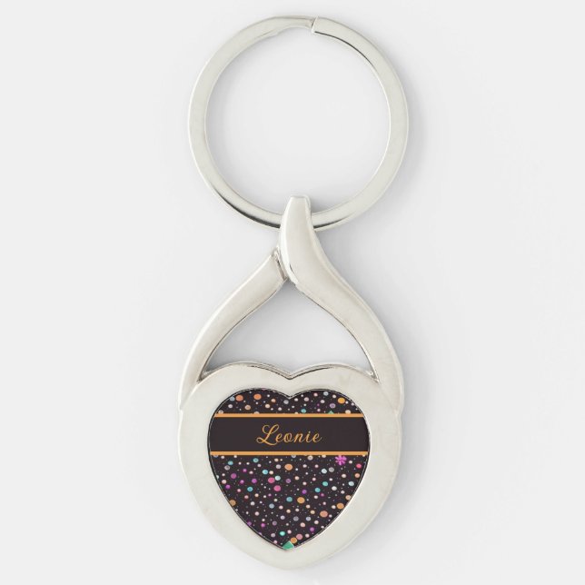 pattern black with colorful dots and flowers key ring (Front)
