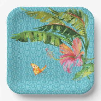 Pattern Blue Tropical Green leaves Pink Floral Paper Plate