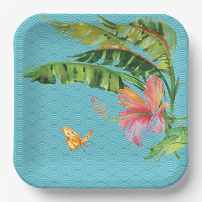Pattern Blue Tropical Green leaves Pink Floral Paper Plate (Front)