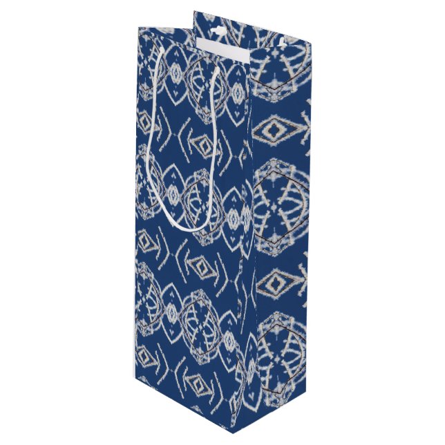 Pattern Bright Blue & White Snow Shapes Wine Gift Bag (Front Angled)