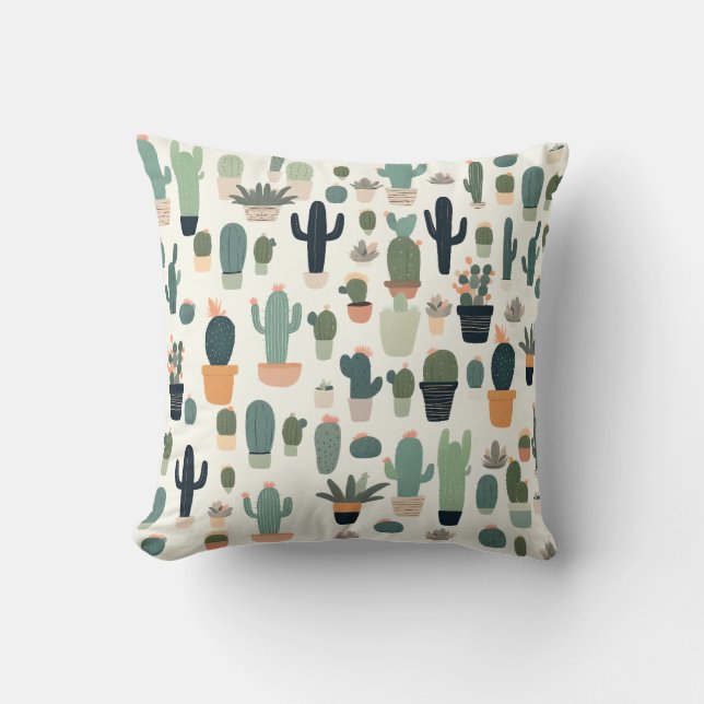 Pattern Cute Cactus Green Minimal Illustration Cushion (Front)