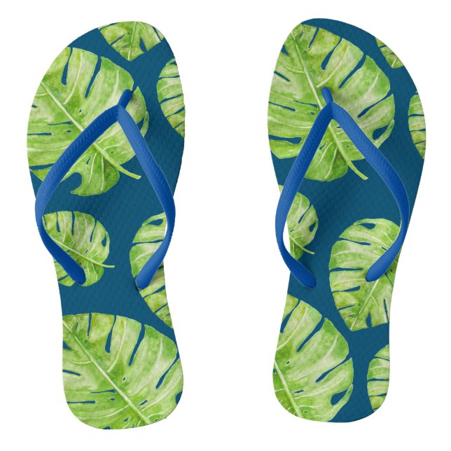 Pattern Cute Chic Banana Leaf Green Blue Flip Flops (Footbed)