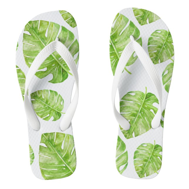 Pattern Cute Chic Banana Leaf Green White Flip Flops (Footbed)