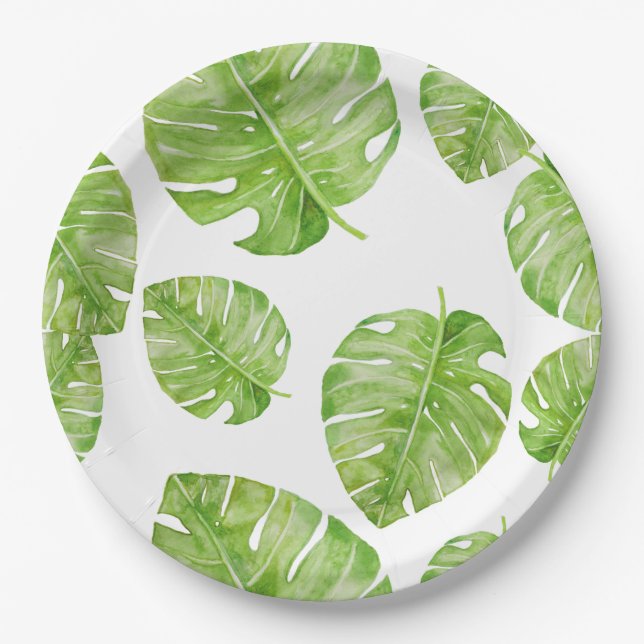 Pattern Cute Chic Banana Leaf Green White Paper Plate (Front)