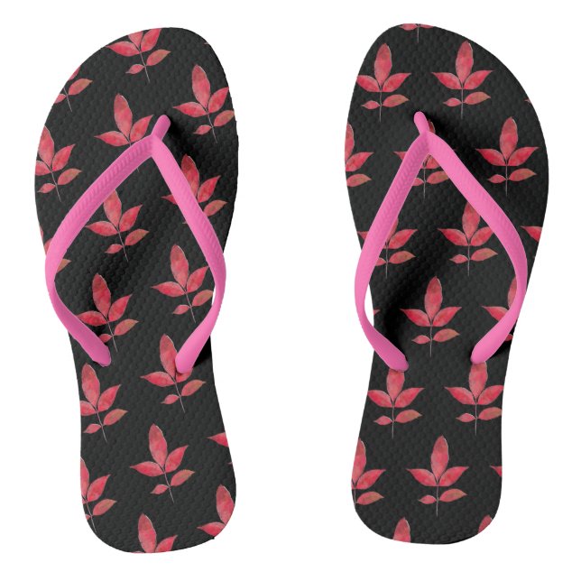 Pattern Cute Chic Leaf Colourful Black Red Flip Flops (Footbed)