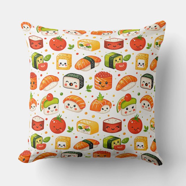 Pattern cute kawaii food sushi characters, white b cushion (Front)