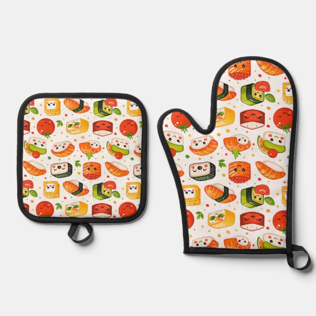 Pattern cute kawaii food sushi characters, white b oven mitt & pot holder set (Front)