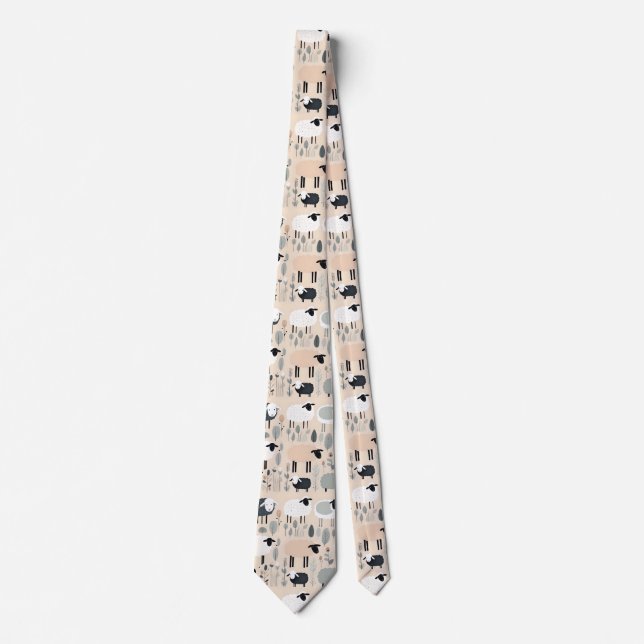 Pattern Cute Sheep Pastel Beige Colour Minimal Tie (Front)