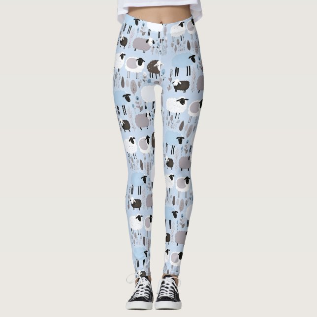 Pattern Cute Sheep Pastel Blue Colour Minimal Leggings (Front)
